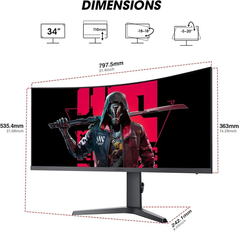 KOORUI 34-inch Curved Ultrawide WQHD 3440×1440 Gaming Monitor, 165Hz 1000R- PIP/PBP, 1ms(MPRT), HDR400, DCI-P3 95%, FreeSync Premium, 1 x DP 1.4 & 2 x HDMI 2.0, Tilt Height Swivel Adjustment, 34E6UC