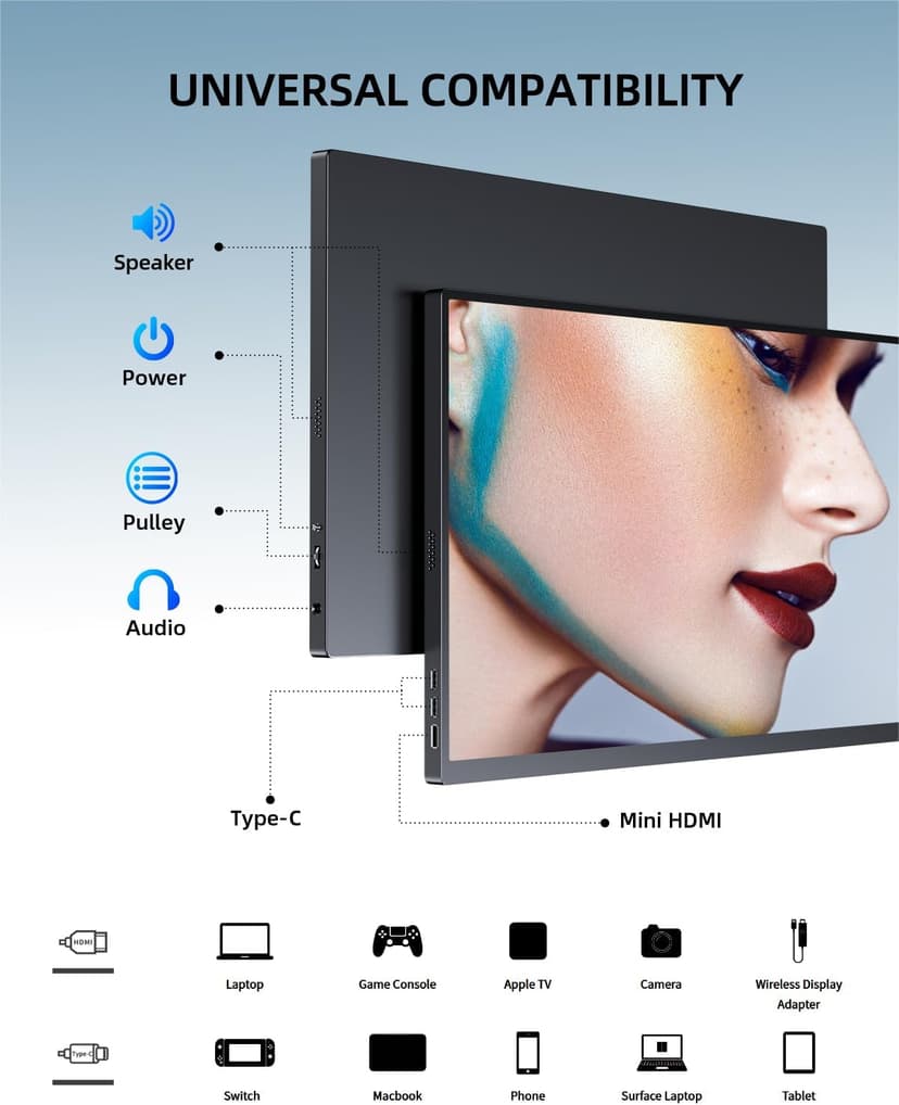 UPERFECT Portable Monitor 18.5 inch 120 Hz 100% sRGB 1080P Portable Screen for Laptop w/Smart Cover, VESA & Speakers, Frameless IPS HDR USB-C HDMI Port Gaming Monitor for Smart Phone, Tablet, MacBook
