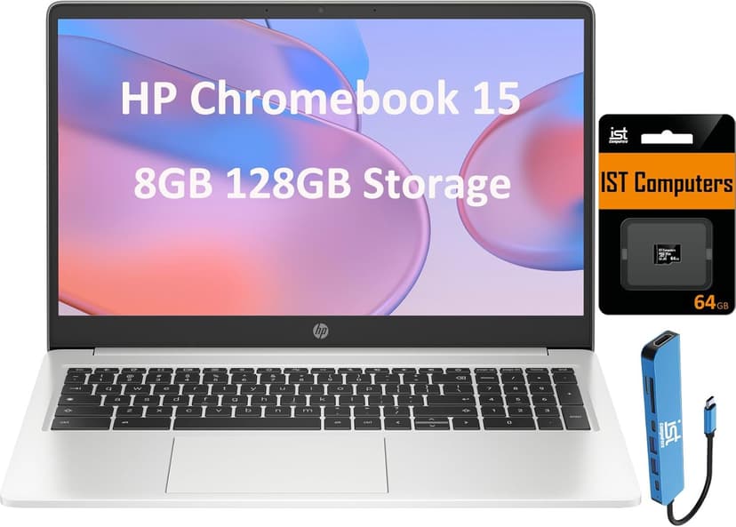 HP Chromebook 15 15.6" HD (Intel Pentium N6000, 8GB RAM, 128GB Storage (64GB eMMc + 64GB SD Card), UHD Graphics, Numeric KB) Home & Student Laptop, Anti-Glare, Webcam, Wi-Fi, Chrome OS, Silver