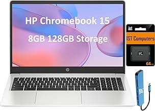 HP Chromebook 15 15.6" HD (Intel Pentium N6000, 8GB RAM, 128GB Storage (64GB eMMc + 64GB SD Card), UHD Graphics, Numeric KB) Home & Student Laptop, Anti-Glare, Webcam, Wi-Fi, Chrome OS, Silver