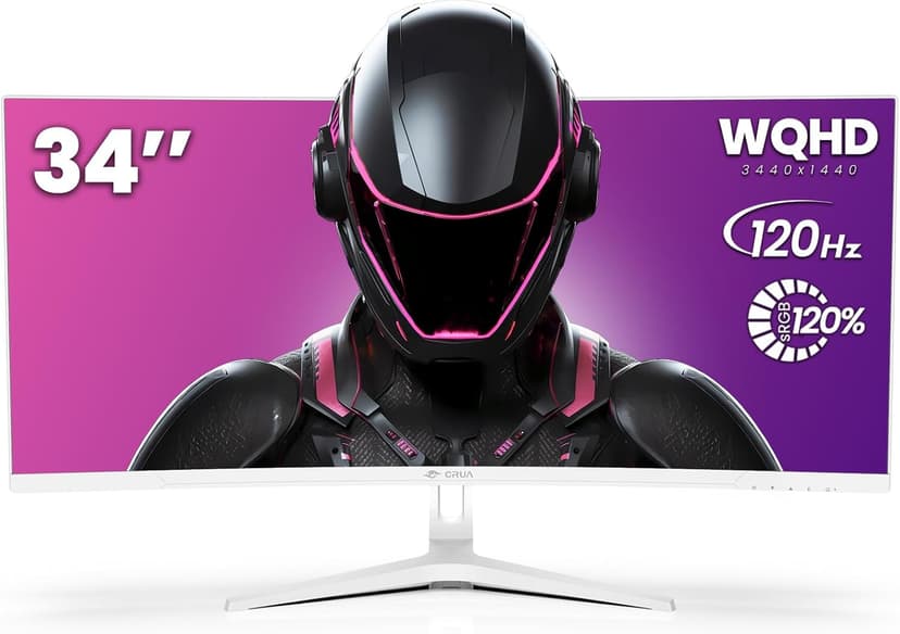 CRUA 34" Curved Gaming Monitor, WQHD 3440x1440, 120Hz Computer Monitors, 1500R VA Screen, 120% sRGB, AMD FreeSync, Blue Light Filter, HDMI 2.0 & DP 1.4, Wall Mountable Installs- White
