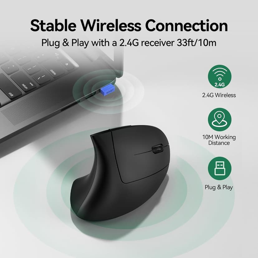 TECKNET Ergonomic Mouse, Rechargeable Vertical Ergo Mouse Wireless 800-4800 Levels 5 Adjustable DPI, Silent 2.4GHz Optical Carpal Tunnel Mouse for Right Hand, USB Wireless Mice for Laptop, PC