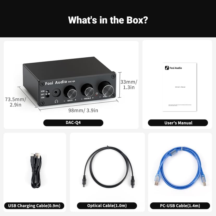 Fosi Audio Q4 DAC Headphone Amp for PC, Desktop Digital to Analog Audio Converter for Home Stereo Amplifier and Powered Speakers, PC-USB/Optical/Coaxial Inputs, 3.5mm Headphone/RCA Outputs