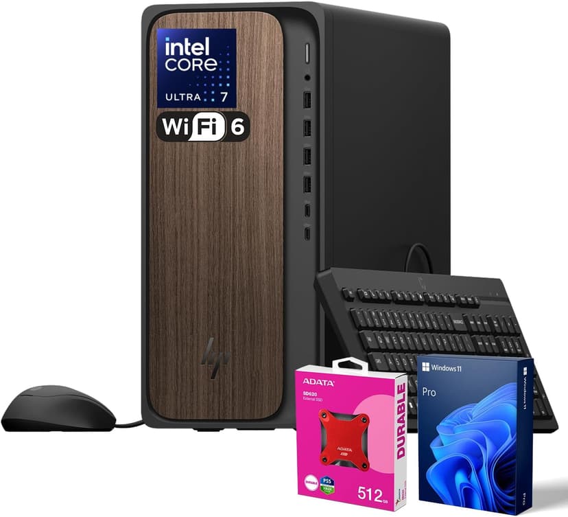 HP 2025 OmniDesk M03 Premium Business Next Gen AI PC Desktop, Intel Core Ultra 7 265, 64GB DDR5 RAM, 2TB SSD, Windows 11 Pro, USB-C, Wi-Fi 6, Wired KB & Mouse, Bundle with ADATA 512GB External SSD