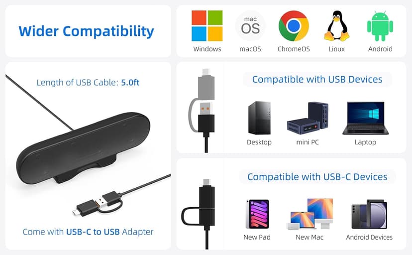 Computer Speakers for Desktop PC Monitor, External Speakers for Laptop, USB-Powered, Plug-n-Play, Wired, Clip-On, Small Computer Soundbar for PC, with Loud Sound, Rich Bass, G-Sensor, USB-C Adapter