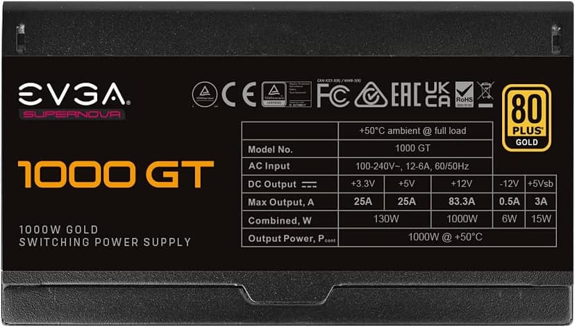 EVGA 1000 GT, 80 Plus Gold 1000W, Fully Modular, Eco Mode with FDB Fan, 100% Japanese Capacitors, 10 Year Warranty, Includes Power ON Self Tester, Compact 150mm Size, Power Supply 220-GT-1000-X1