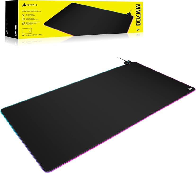 Corsair MM700 RGB Extended 3XL Cloth Gaming Mouse Pad/Desk Mat - Massive 1,220mm x 610mm (48” x 24”) Cloth Surface, 360° Three-Zone RGB Lighting, Two USB Ports - Black