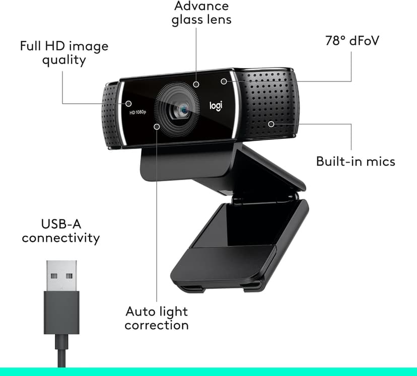 Logitech C922x HD Pro Webcam, Full HD 1080p/30fps Video, Clear Audio, HD Light Correction, PC Camera Webcam, Works with Skype, Zoom, Mac, Tablet - Black