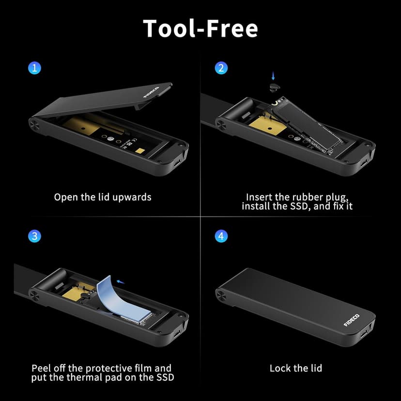 FIDECO M.2 NVMe SSD Enclosure, USB 3.2 Gen 2 to PCIe NVMe Adapter, Sandwich Style Design, Tool-Free Installation, Support UASP and Trim