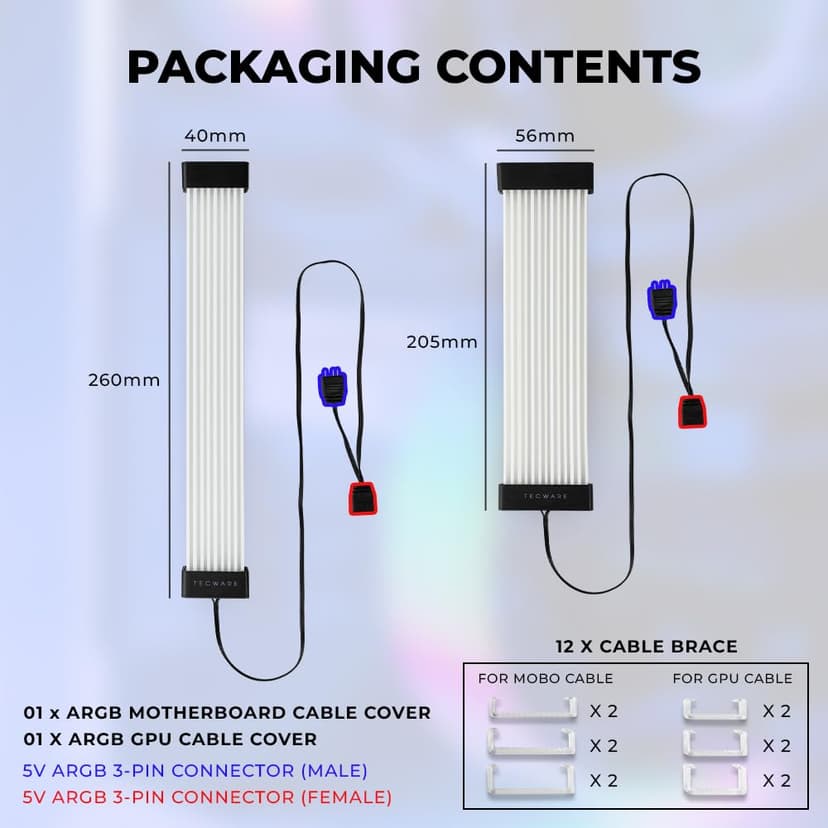 TECWARE Flex RGB, Cable Cover Kit, Light Up LED Strip Set for PSU Extensions, 5V 3 Pin ARGB Sync, Compatible with 8-Pin or 16-Pin GPU Cable, 24-Pin Motherboard Cable, White