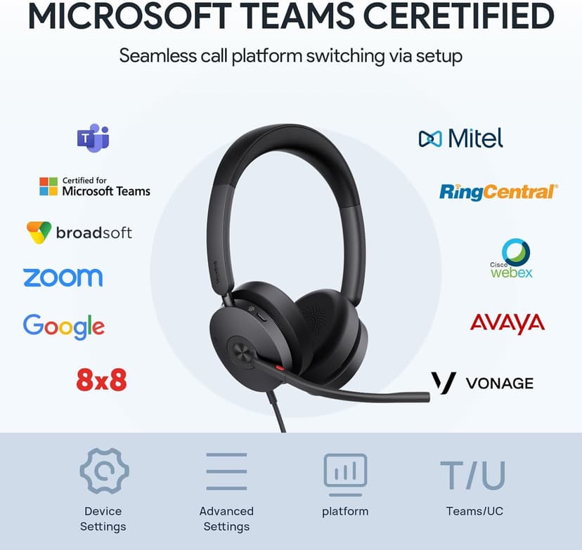 Yealink UH48 ANC Wired Headset with Microphone, Active Noise Cancelling USB Headphones for PC, MS Teams Certified Works with All Other Call Platforms, USB-A or USB-C Connectivity, Mute Button