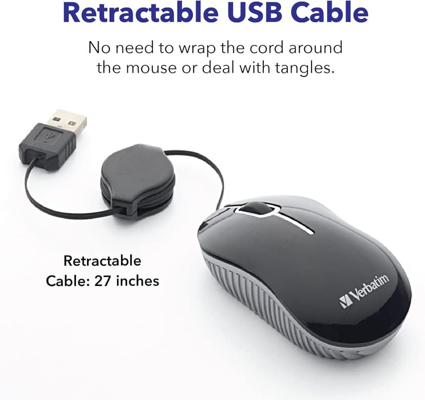 Verbatim Wired Optical Computer Mini USB-A Mouse - Plug & Play Corded Small Travel Mouse with Retractable Cable – Black 98113