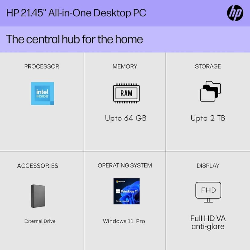 HP 22" All-in-One Desktop PC • Full HD Display • 16GB RAM • 1TB Storage (512GB SSD and 512GB External) • Intel Ultra-efficient Processor • Type-C • Mouse and Keyboard Included • Windows 11 Pro