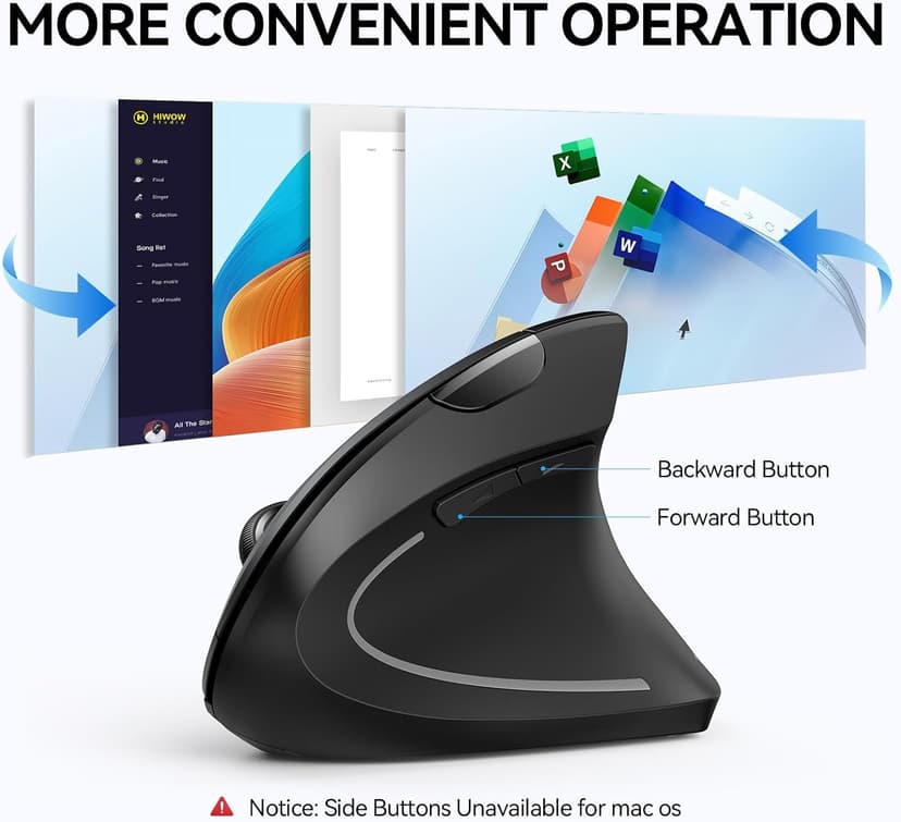 TECKNET Ergonomic Mouse, Wireless Bluetooth Vertical Mouse, 4800 DPI Optical Tracking, 6 Adjustable DPI, Quiet Clicks, 2.4GHz with USB A Receiver, 6 Buttons, Wide Compatibility - Black