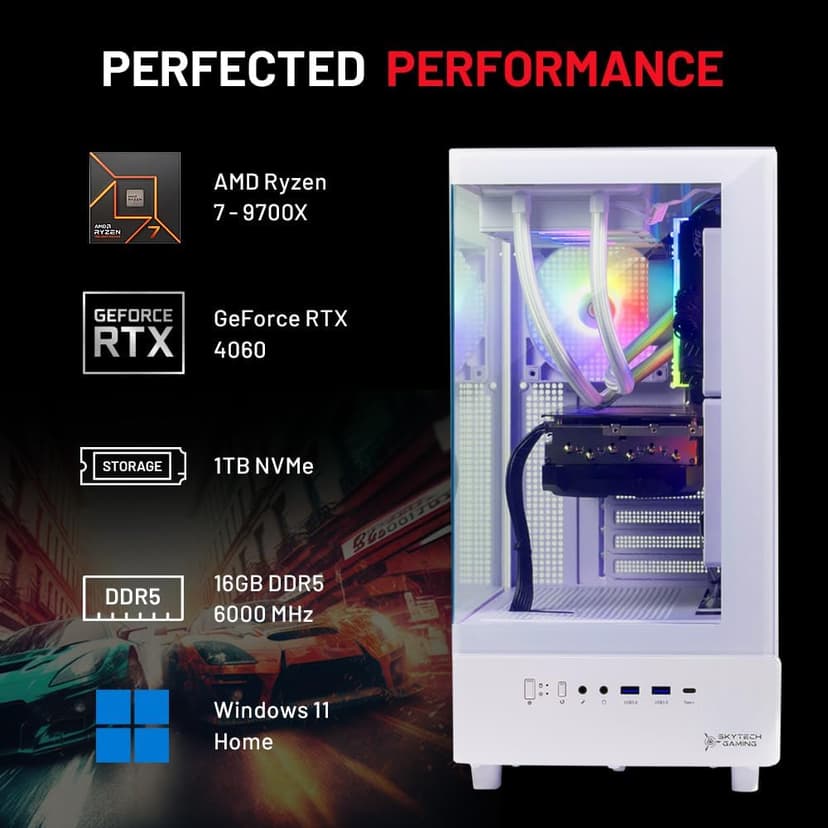 Skytech Azure Gaming PC Desktop, Ryzen 7 9700X 3.8 GHz (5.5GHz Turbo Boost), NVIDIA RTX 4060 8GB GDDR6, 1TB SSD, 16GB DDR5 RAM 6000, 650W Gold PSU, 360mm ARGB AIO, Wi-Fi, Win 11 Home