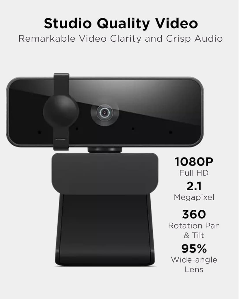 Lenovo Essential Full HD 1080P Webcam, Dual Microphone, No Driver 1.8m USB 2.0, Wide-Angle, Tilt-Control, 360-Degree Rotation, Black