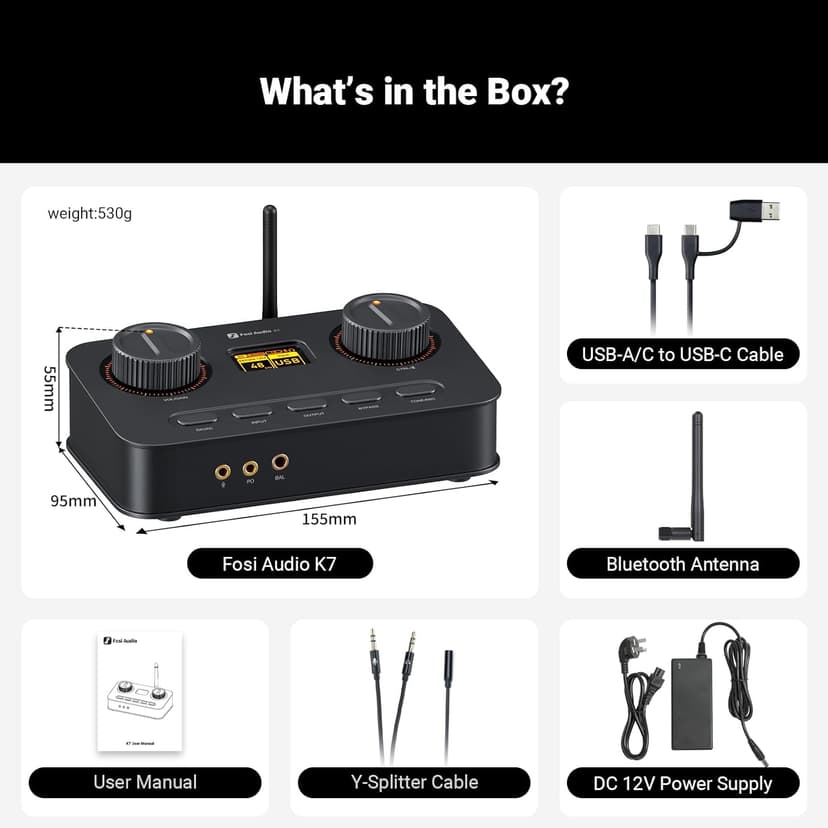 Fosi Audio K7 DAC Headphone Amp, Desktop USB C Digital to Analog Audio Converter for Workspace and Gaming PC PS5, Optical/Coaxial/Bluetooth aptX HD LL/Microphone Input, 3.5mm/4.4mm Balanced/RCA Output
