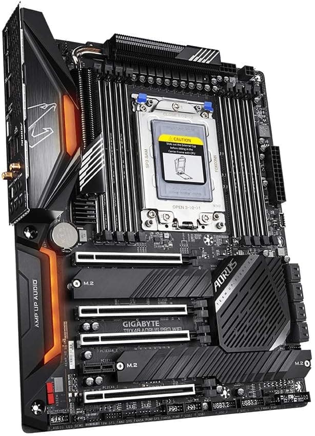 GIGABYTE TRX40 AORUS PRO WIFI (sTRX/AMD/TRX40/Fins-Array Heatsink/12+2 Phases Infineon Digital VRM/3x PCIe 4.0x4 M.2/Intel WiFi 6/Intel GbE LAN/ATX/Motherboard)