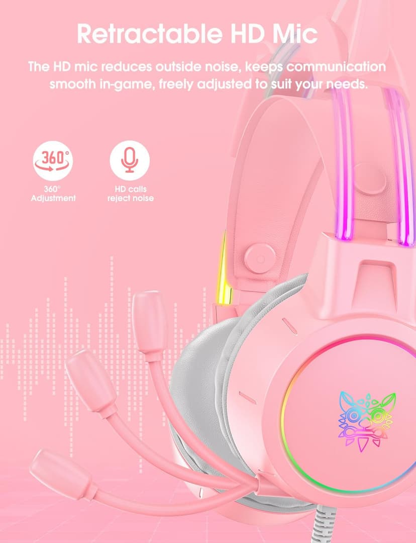 Lightweight Gaming Headset with Detachable Cat Ears, RGB Lighting, Wired Over Ear Headphones with Mic for PC, PS4, PS5, Xbox, Switch, Stereo Surround Sound, Self-Adjusting Headband