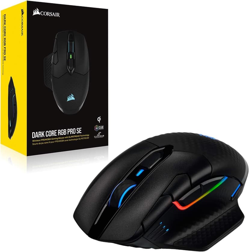 Corsair Dark Core RGB Pro SE, FPS/MOBA Gaming Mouse with SLIPSTREAM Technology, Black, Backlit RGB LED, 18000 DPI, Optical, Qi wireless charging certified