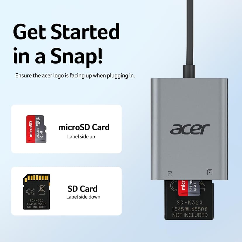 Acer SD Card Reader USB C, Dual Slots Type C to Memory Card Reader, Aluminum Micro SD Card Camera Adapter for MicroSD, SDHC, SDXC, Compatible with iPhone16/15, MacBook, iPad Pro, Android, Laptop