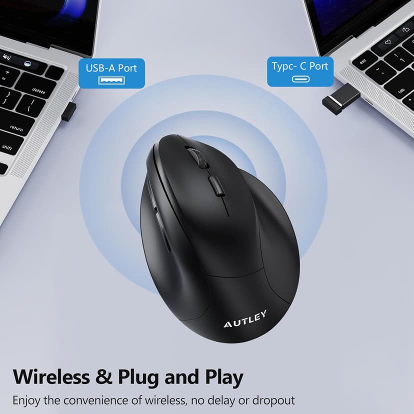 AUTLEY Ergonomic Mouse for Large Hands, Rechargeable Vertical Mouse, 2.4GHz Wireless Computer Mouse for Windows/macOS - 6 Buttons, Low Power Warning, 800/1200/1600 DPI, Black