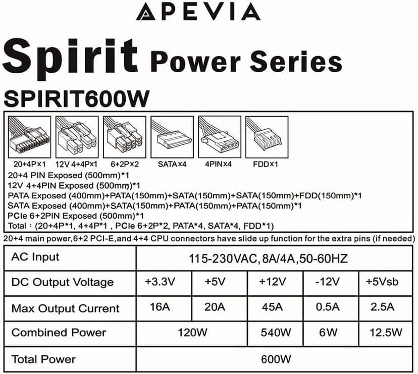 Apevia SPIRIT600W Spirit 600W ATX Power Supply with Auto-Thermally Controlled 120mm Fan, 115/230V Switch, All Protections