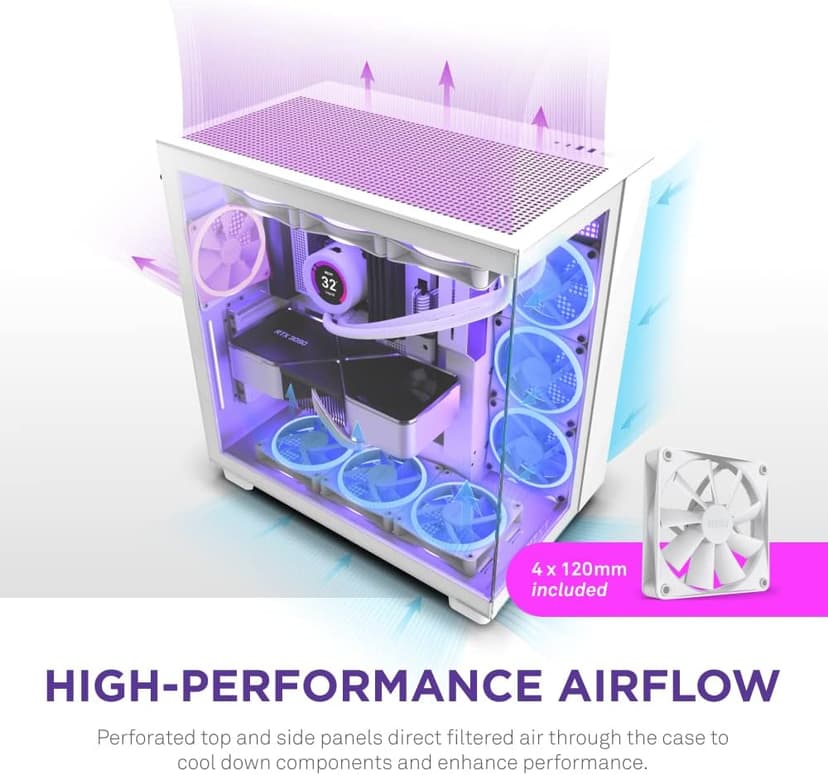 NZXT H9 Flow Dual-Chamber ATX Mid-Tower PC Gaming Case – High-Airflow Perforated Top Panel – Tempered Glass Front & Side Panels – 360mm Radiator Support – Cable Management – White
