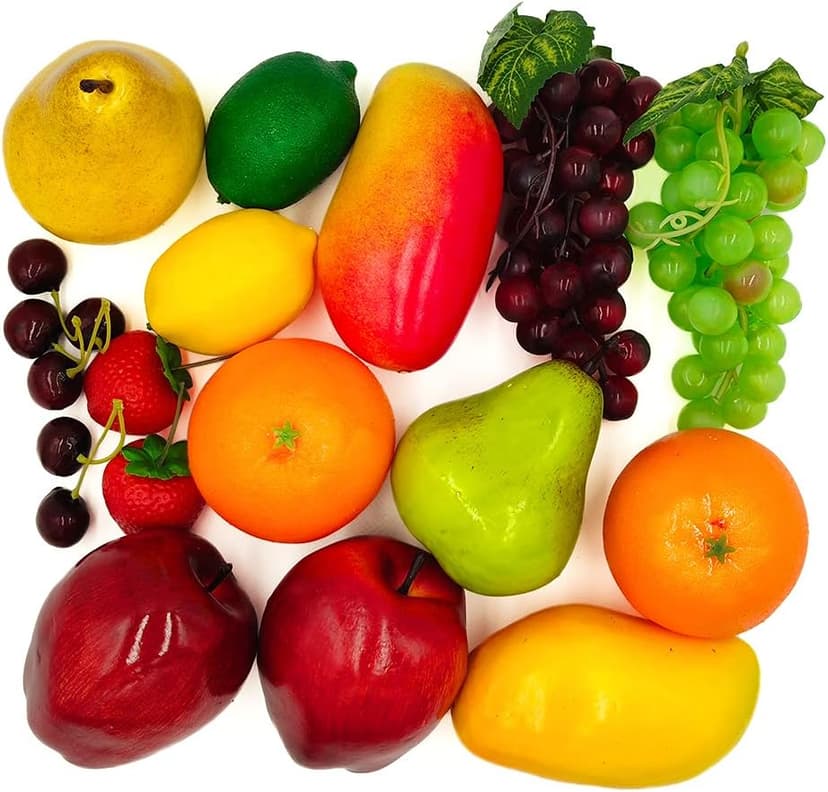 17 Pcs Fake Fruit, Simulation Fruit Props for Photography, Display, Lifelike Realistic Artificial Fake Fruits Home Decor Craft Fruit Set Fake Lemon Fake Grape Strawberry