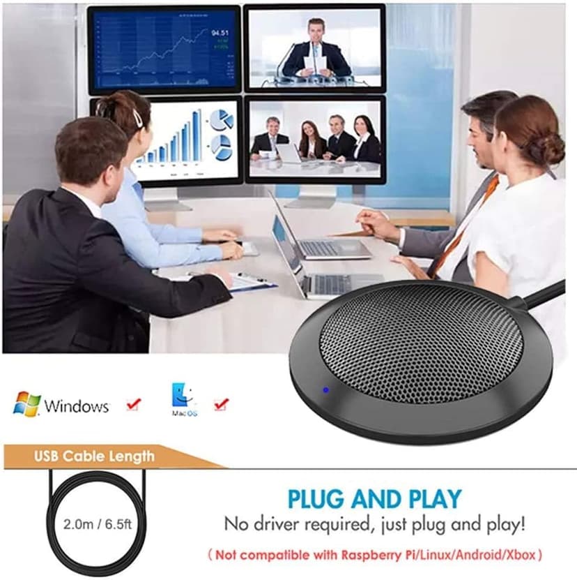 Conference USB Microphone, Computer Desktop Mic with LED Indicator, Plug & Play Omnidirectional Condenser PC Laptop Mics for Online Meeting, Class, Skype, Recording, Zoom, (No Speakers Included)
