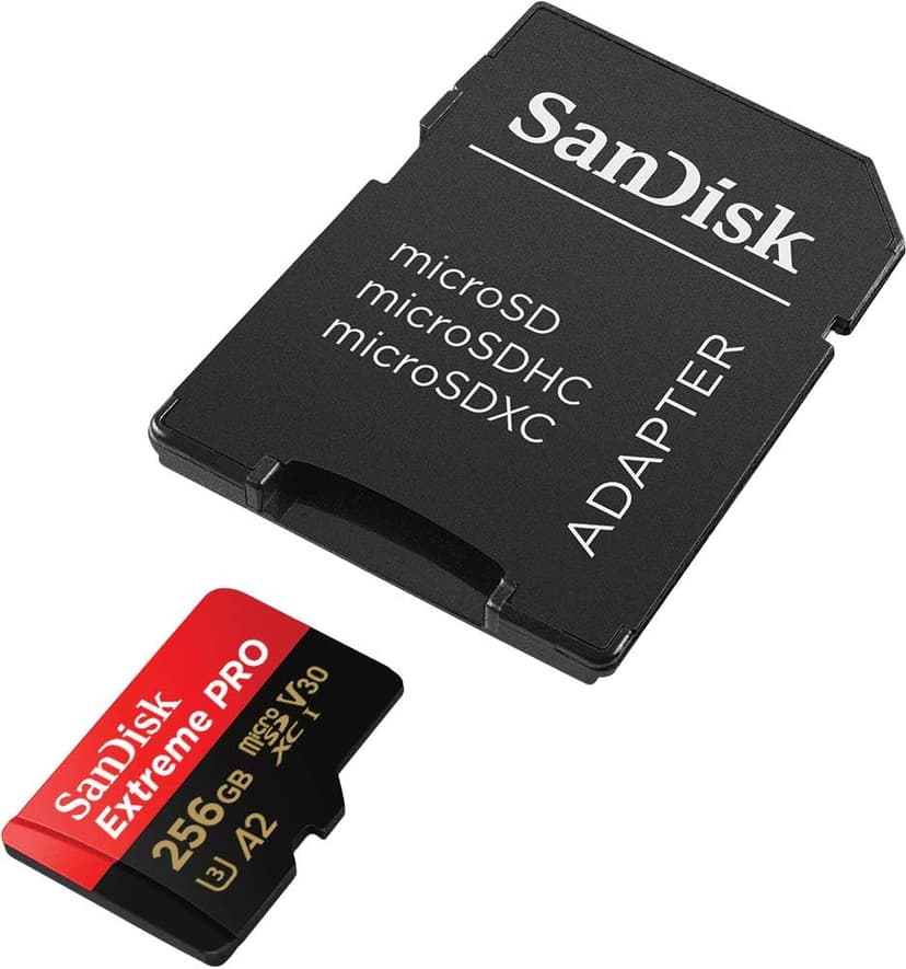 SanDisk 256GB Extreme PRO® microSD™ UHS-I Card with Adapter C10, U3, V30, A2, 200MB/s Read 140MB/s Write SDSQXCD-256G-GN6MA