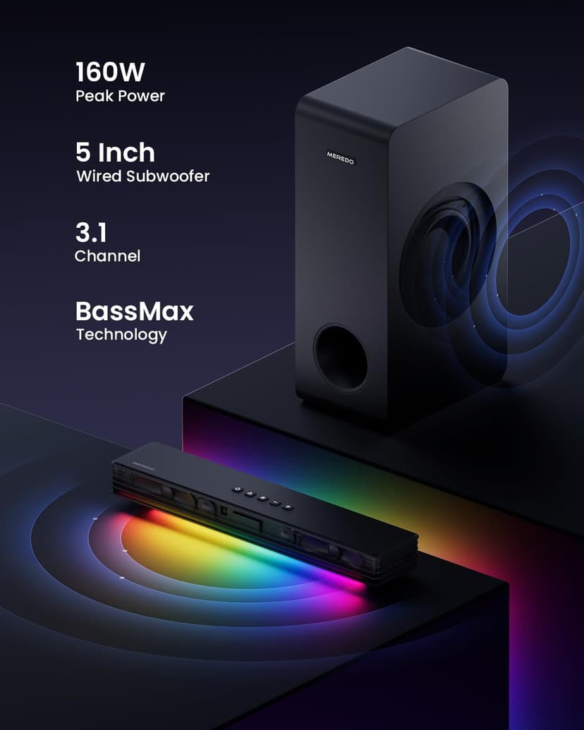 MEREDO Sound Bar for Smart TV 3.1CH PC Gaming Soundbar with Subwoofer RGB Lighting Audio Sync Surround Sound System BT 5.3/HD-ARC/Optical/AUX/USB for Desktop Tablets Consoles Home Cinema
