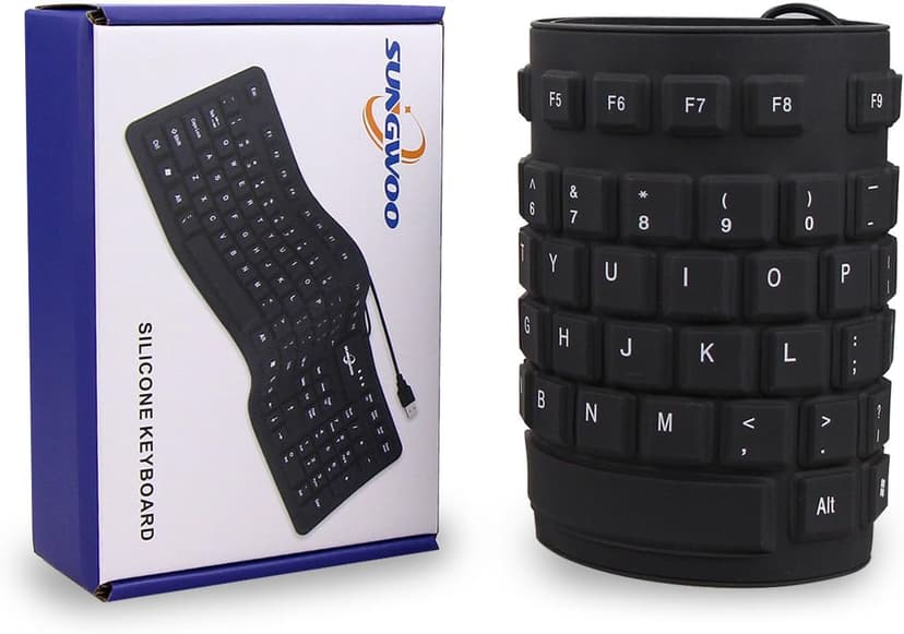 Sungwoo Foldable Silicone USB Wired Standard Waterproof Rollup Keyboard for PC Notebook Laptop, Full Size (Black)