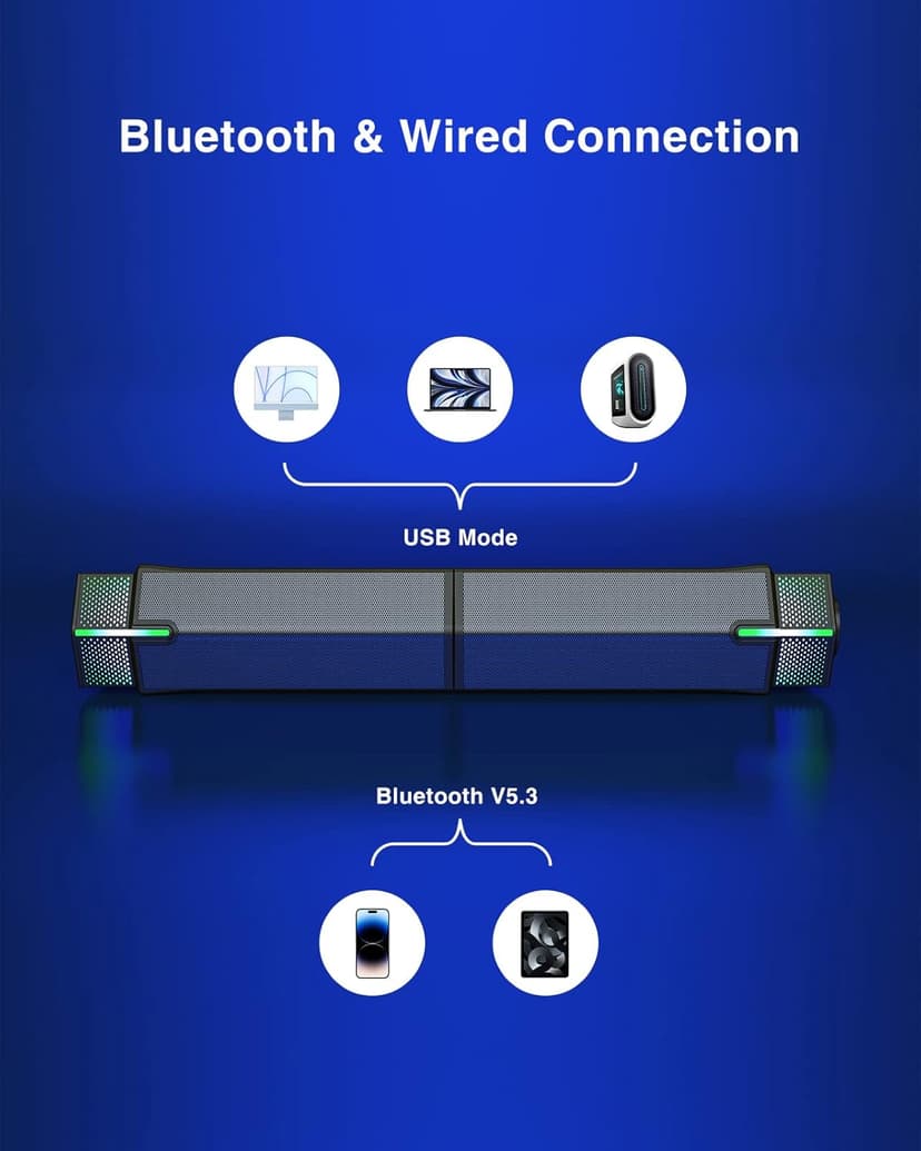 Jeecoo M20 Bluetooth Computer Speakers for PC Desktop Monitor, Gaming PC Sound Bar - Wired USB-Powered, Superb Stereo Sound, with LED Lighting - Combine/Separate to Customize Your Desk