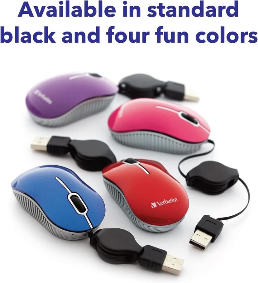 Verbatim Wired Optical Computer Mini USB-A Mouse - Plug & Play Corded Small Travel Mouse with Retractable Cable – Black 98113