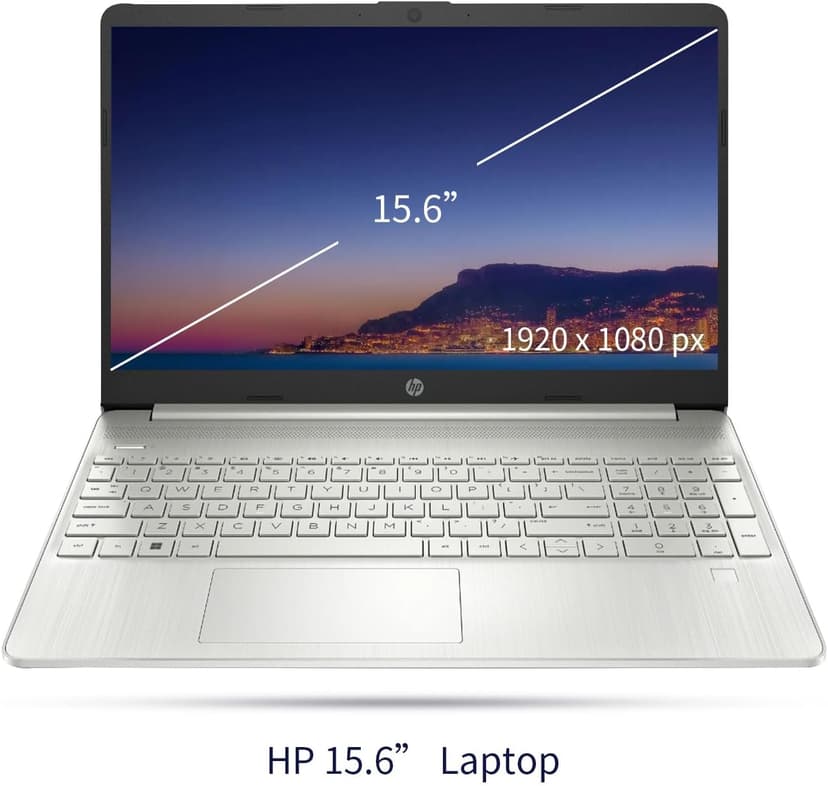 HP Essential Laptop, 15.6" FHD Display, Intel Core i3-1215U, 12GB RAM, 512GB PCIe SSD, Fingerprint Reader, Webcam, Type-C, HDMI, SD Card Reader, Wi-Fi, Windows 11 Home, Silver