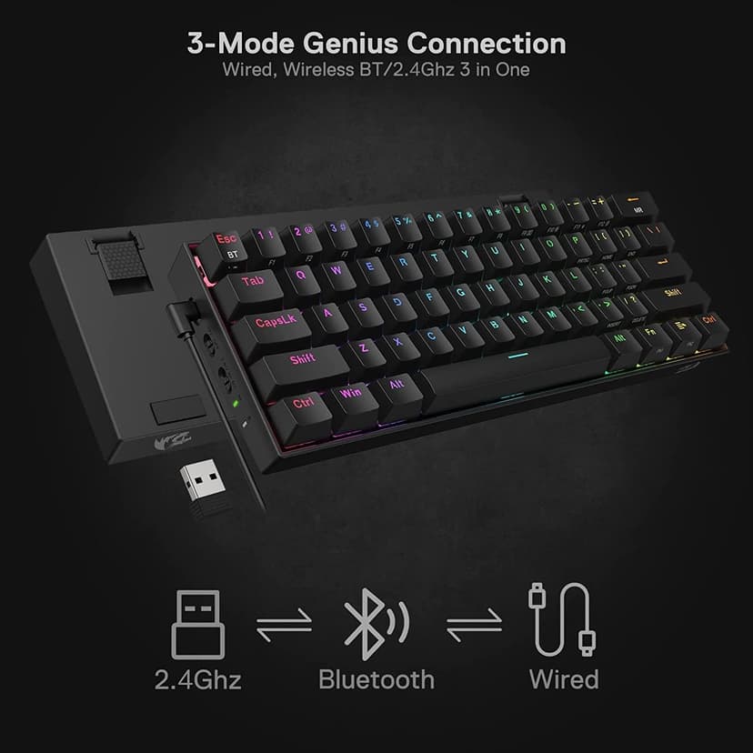 Redragon K530 Pro Draconic 60% Wireless RGB Mechanical Keyboard, BT/2.4Ghz/Wired 3-Mode 61 Keys Compact Gaming Keyboard w/Hot-Swap Socket, Free-Mod Plate Mounted PCB & Linear Red Switch