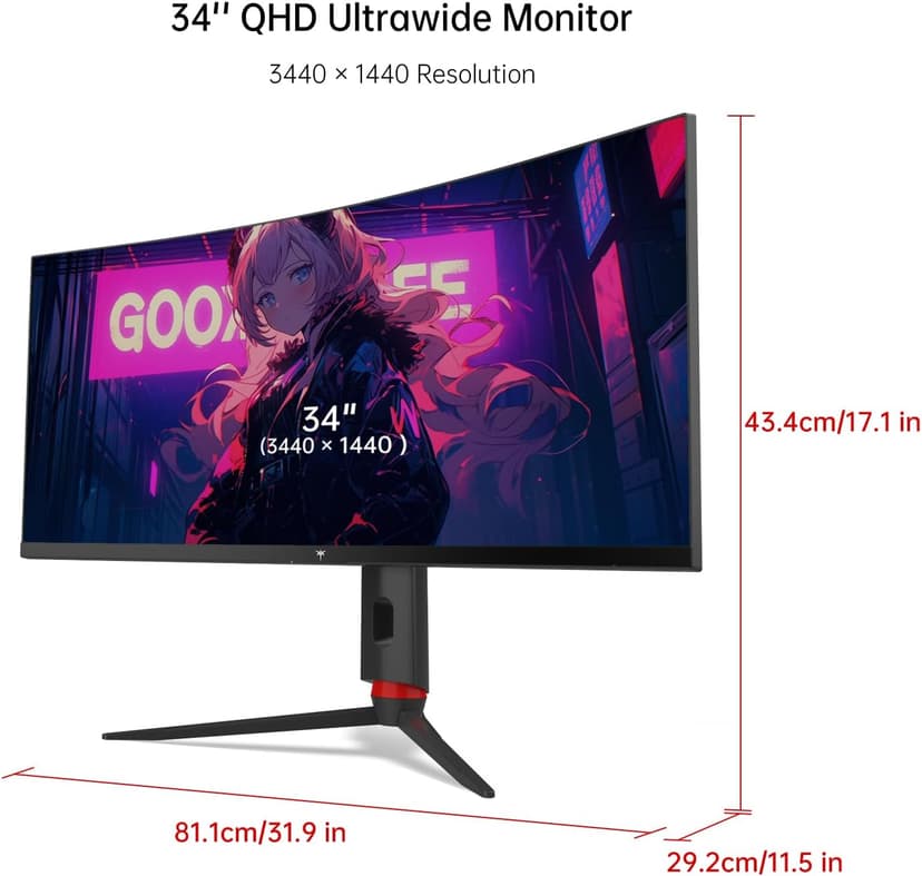 34'' Curved Ultrawide Gaming Monitor, 21:9, 3440x1440p 165Hz 1ms, 1500R Curved Monitor, Freesync G-sync, Picture by Picture,PIP, Height/Tilt/Swivel/Pivot