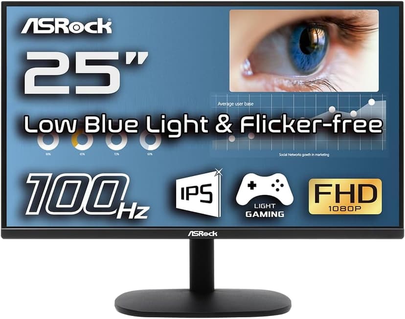 ASRock 25 inch 100 Hz Light Gaming Monitor for Home Office (Low Blue Light & Flicker-Free) IPS