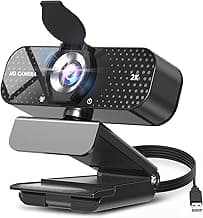 2K HD Webcam with Auto Light Correction, Noise-Canceling Mic, Privacy Cover and Wide Angle Lens, Plug & Play USB Camera for Laptop/PC/Mac, Compatible with Zoom, Skype, Teams & Streaming Black
