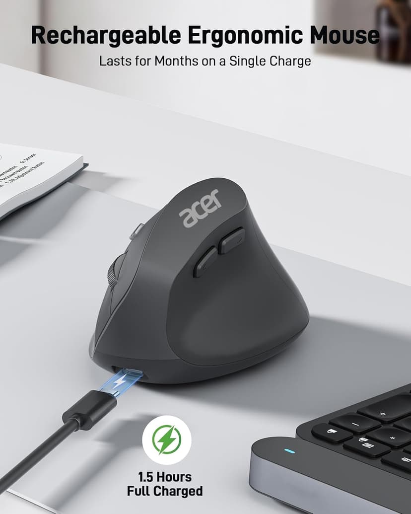acer Ergonomic Mouse Wireless, 1000/1200/1600 Adjustable DPI Vertical Mouse with 6 Buttons, Rechargeable Ergo Mice with 2.4GHz USB Receiver for Computer, Laptop, PC, iMac and Desktop