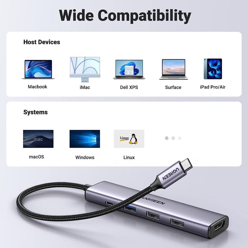 UGREEN Revodok 105 USB C Hub 5 in 1 Multiport Adapter 4K HDMI, 100W Power Delivery, 3 USB-A Data Ports, USB C Dongle for MacBook Pro/Air, iPad Pro, iMac, iPhone 15 Pro/Pro Max, XPS, Thinkpad