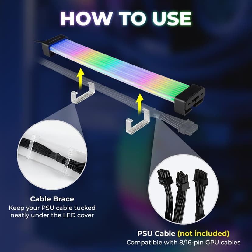 TECWARE Flex RGB, Cable Cover Kit, Light Up LED Strip Set for PSU Extensions, 5V 3 Pin ARGB Sync, Compatible with 8-Pin or 16-Pin GPU Cable, 24-Pin Motherboard Cable, White