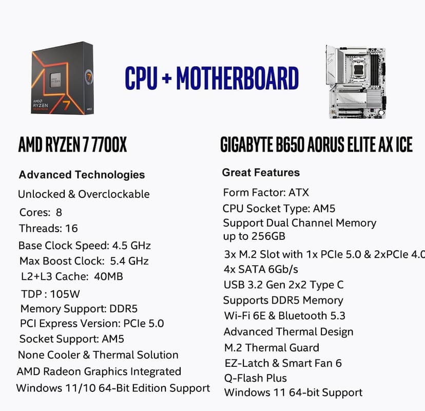 Micro Center AMD Ryzen 7 7700X CPU Processor with GIGABYTE B650 AORUS Elite AX ICE Motherboard (AM5, ATX, DDR5, Triple M.2, USB 3.2 Gen2X2 Type-C, WiFi 6E)