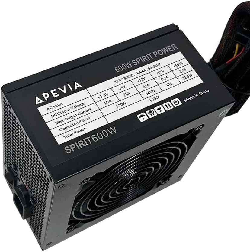 Apevia SPIRIT600W Spirit 600W ATX Power Supply with Auto-Thermally Controlled 120mm Fan, 115/230V Switch, All Protections