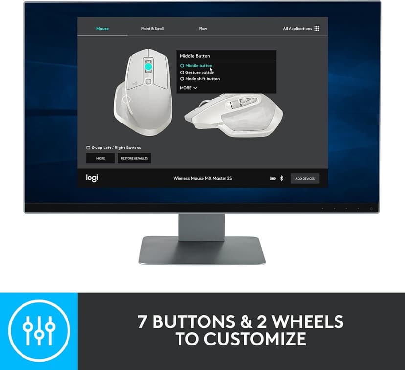 Logitech MX Master 2S Bluetooth Edition Wireless Mouse – Use on Any Surface, Hyper-Fast Scrolling, Ergonomic, Rechargeable, Control Up to 3 Apple Mac and Windows Computers - Graphite