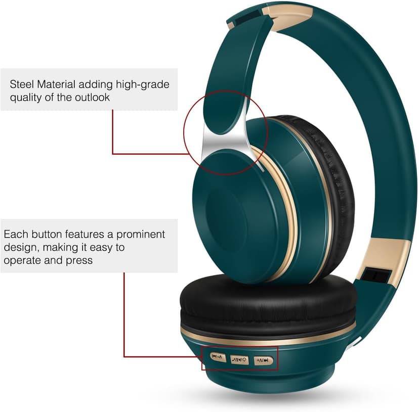 RAT TAIL Bluetooth Headset, Chat- Comfortable Over Ear Stereo Wireless Headphones with Mic, Soft Earmuffs/Foldable/SD/TF/FM Radio, 20H Playtime, Great for Music/Tour/Gym/Game/Chat (Deep Green)