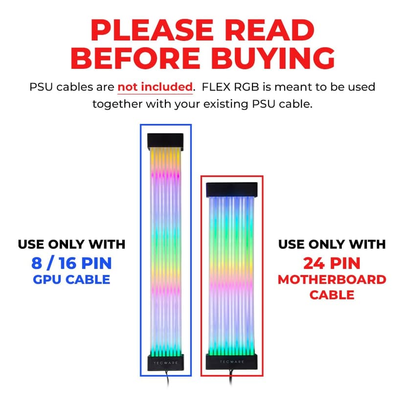 TECWARE Flex RGB, Cable Cover Kit, Light Up LED Strip Set for PSU Extensions, 5V 3 Pin ARGB Sync, Compatible with 8-Pin or 16-Pin GPU Cable, 24-Pin Motherboard Cable, White