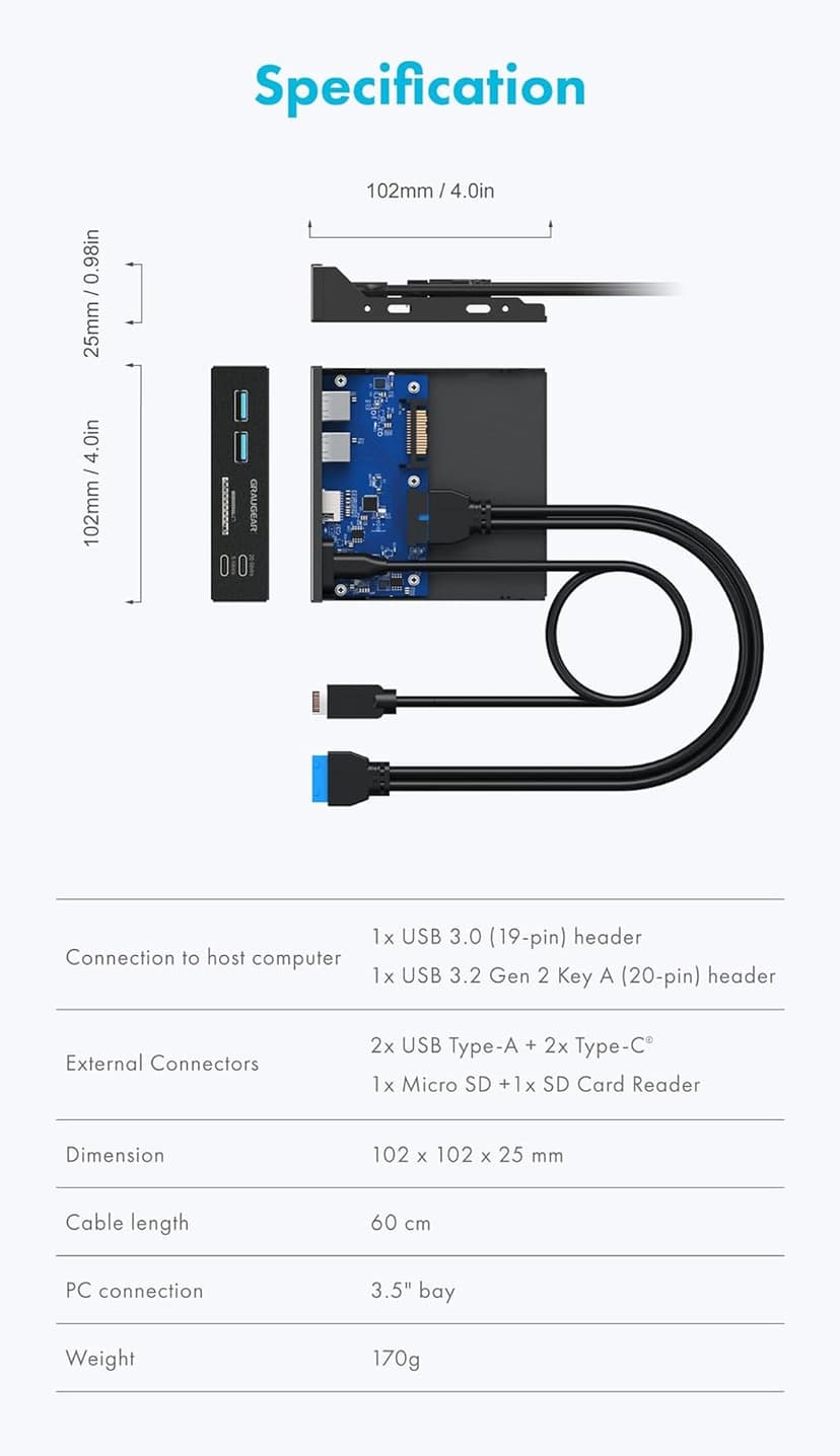 GRAUGEAR 3.5 Inch Front Panel USB C Hub, SD/microSD Internal Card Reader, 20Gbps USB 3.2 Gen 2x2, USB3.2 Type-E Key-A 20-Pin Header & USB3.0 Header & 15-Pin SATA Power Connector Required [G-MP01CR]