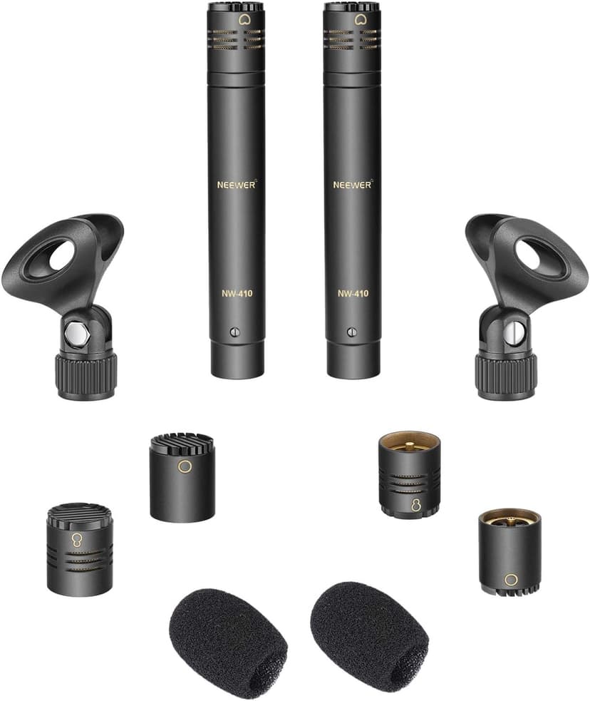NEEWER 2-Pack Pencil Stick Condenser Mic with Interchangeable Omni Cardioid and Super Cardioid Capsules Foam Windscreens Mic Clip and Carrying Case for Acoustic Woodwind Instruments